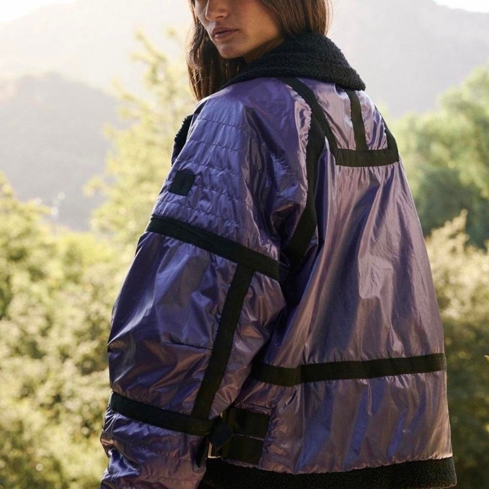 Free People Movement Vagabond Fleece Shiny Purple Black Oversized Bomber Jacket